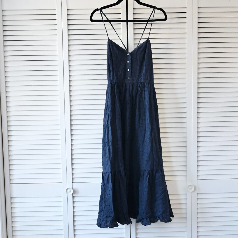 Adam Lippes Adam Pluseve Dark Blue Embroidered Midi Tiered Dress | Size 8